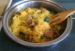 Paleo Spaghetti Squash with sausage and baby kale