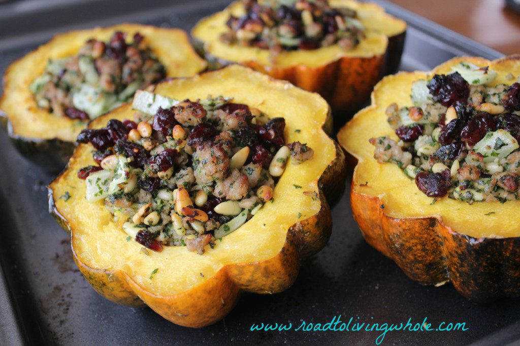 sausage cranberry pine nut stuffed squash road to living whole